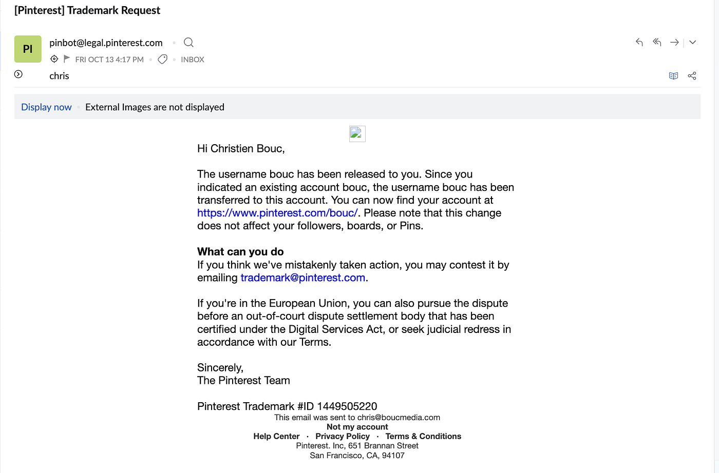 Email from Pinterest releasing the inactive username @bouc