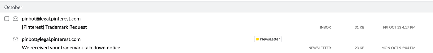 Pinterest trademark form response showing 4 day turnaround time