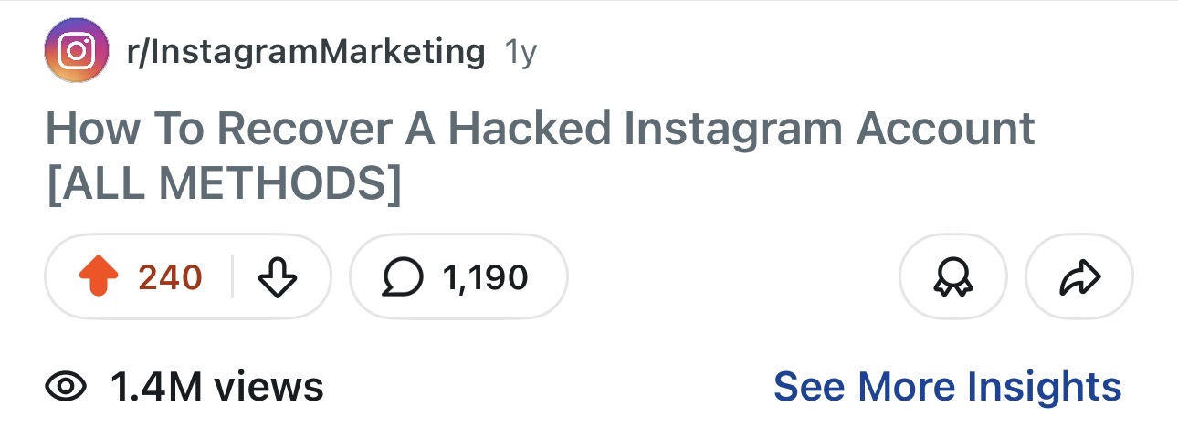 Reddit post showing 240 upvotes, 1190 comments, and 1.4M views on How To Recover A Hacked Instagram Account