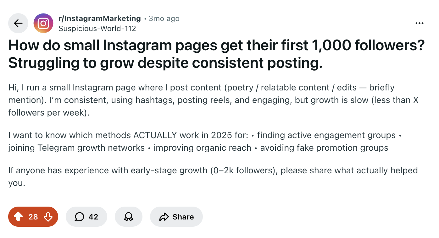 Reddit post asking how small Instagram pages get their first 1,000 followers